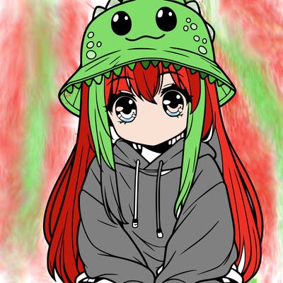girl with anime shaped eyes with a dinosaur bucket hat oversized sweatshirt long straight hair