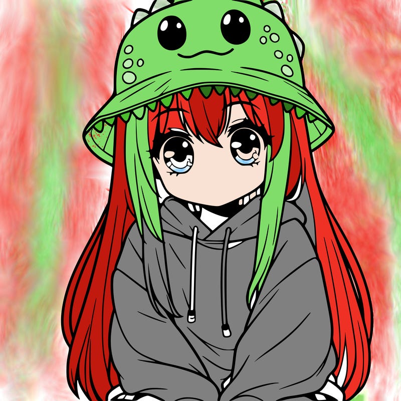 girl with anime shaped eyes with a dinosaur bucket hat oversized sweatshirt long straight hair