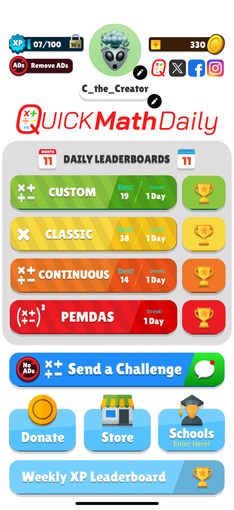 Quick Math Daily - Main menu of the Quick Math Daily app displaying game modes like Classic and PEMDAS along with daily leaderboards