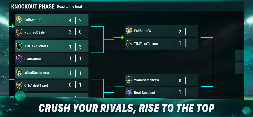 A knockout phase tournament bracket in the Ultimate Football Manager mobile game