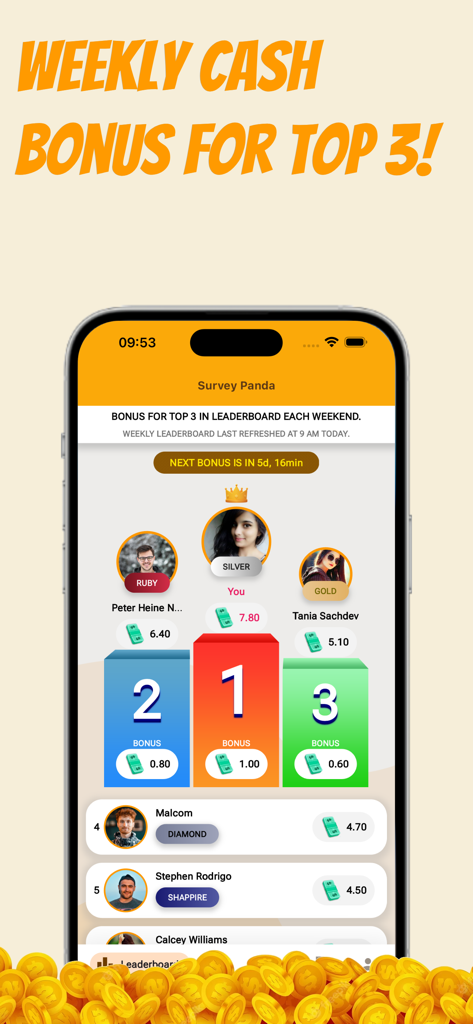 Earn Rewards with Survey Panda - Quadro de líderes do aplicativo móvel Survey Panda exibindo bônus semanais em dinheiro e os principais ganhadores