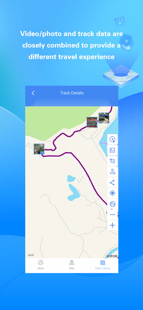 특정 위치에 고정된 통합 사진 썸네일이 있는 지도상의 GPS 여행 경로를 보여주는 모바일 앱 인터페이스