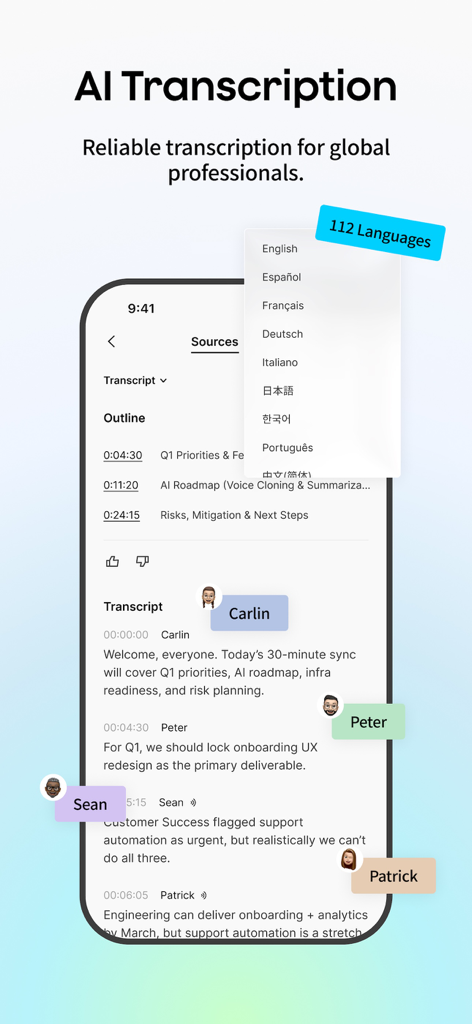 Plaud KI-Notiznehmer App-Oberfläche mit Transkription für mehrere Sprecher und 112 Sprachoptionen