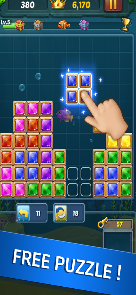 Block Ocean Puzzle 1010 - A hand drags a square jewel block onto a grid in the ocean themed Block Ocean Puzzle mobile game.