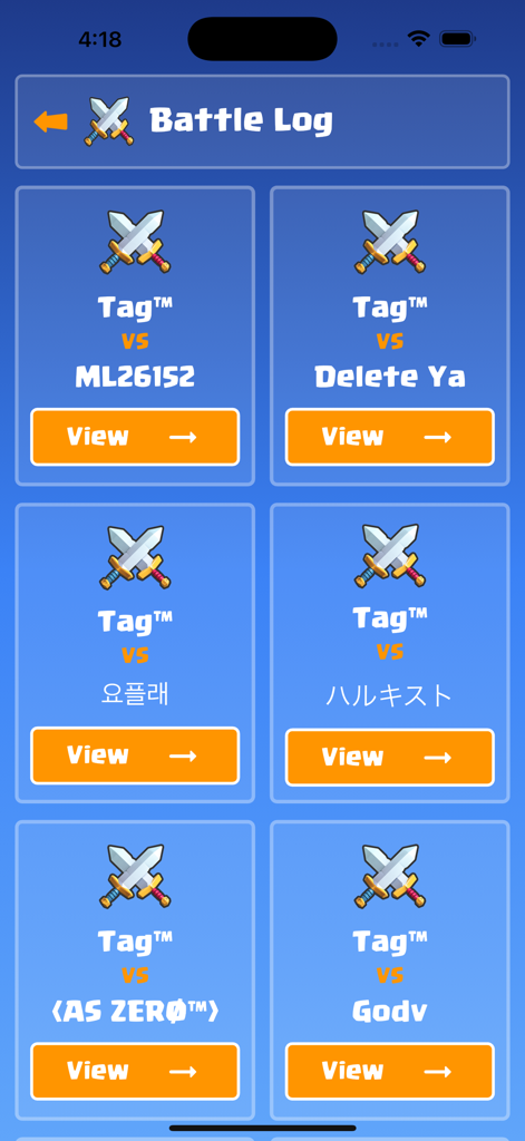 Deck Guides - Ein Bildschirm, der das Kampfprotokoll professioneller Clash Royale Spieler in der Deck Guides App zeigt