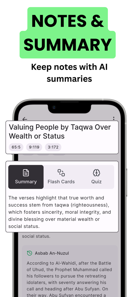 Tadabbur: Quran Journaling - Tadabbur app screen displaying AI generated notes and summaries for Quran verses