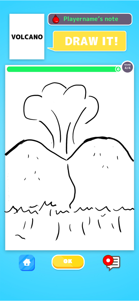 Online Telephone Game - TELPIC - A hand-drawn volcano sketch on the TELPIC game screen with a volcano word prompt.