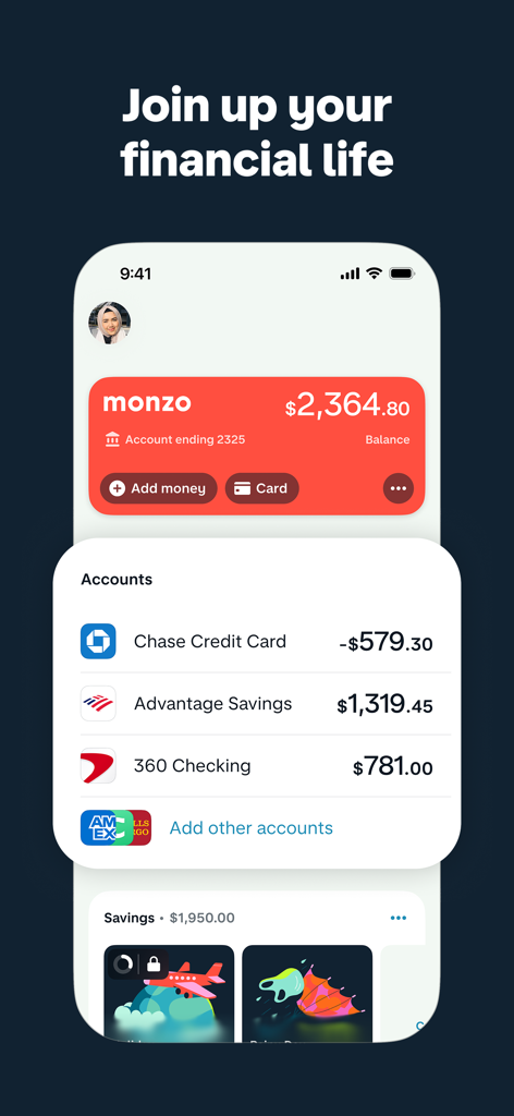 Monzo - Mobile Banking - Interface do aplicativo móvel Monzo mostrando contas bancárias externas vinculadas e saldo total