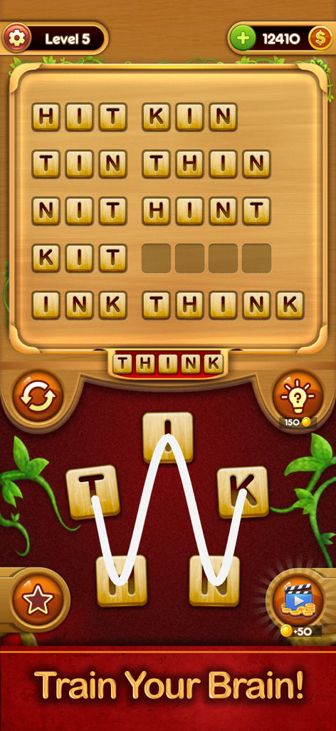 Interfaz de juego de palabras de Word Connect donde un jugador conecta letras para formar la palabra 'pensar' en un tablero de madera.