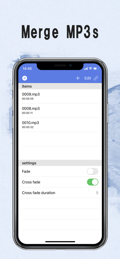 EasyMp3 Video to mp3 Converter - Smartphone interface showing the merge MP3s feature with crossfade settings in the EasyMp3 app