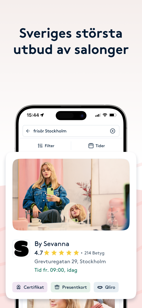 Mobile app screen showing a beauty salon search result in Stockholm for By Sevanna with ratings and availability