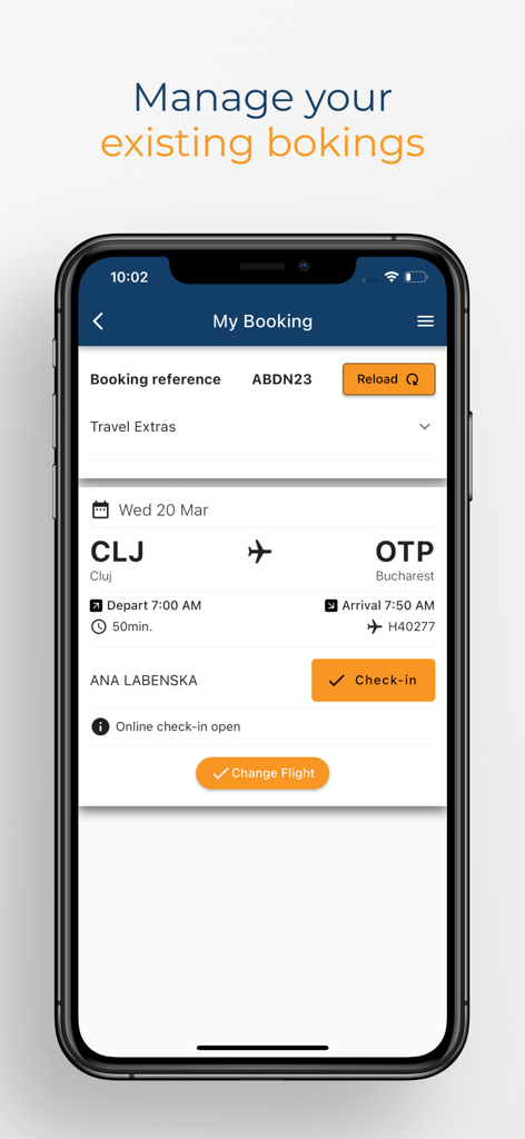 HiSky - HiSky Mobile-App-Bildschirm mit Flugbuchungsdetails und Check-in-Button