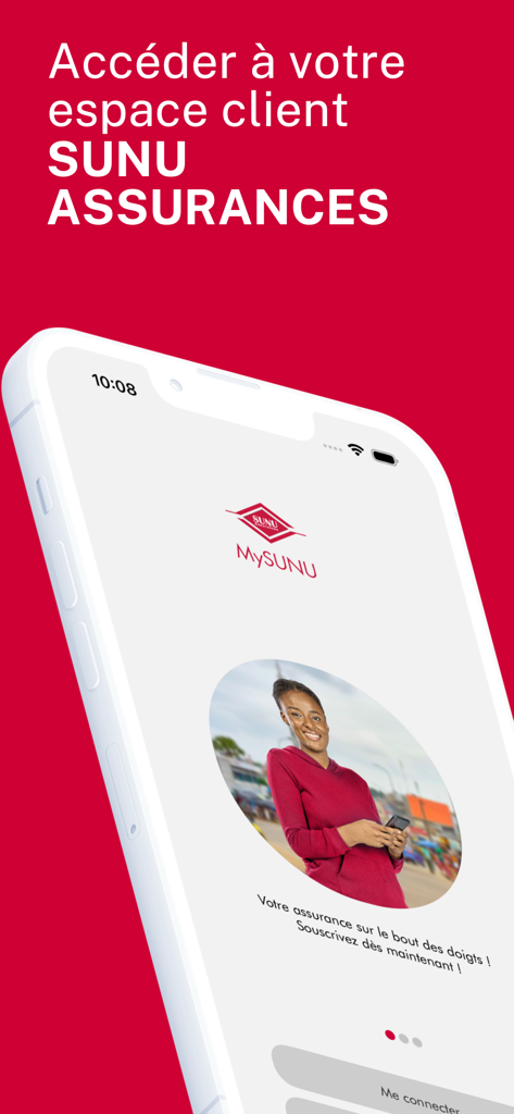 MySUNU Assurances - Écran d'accueil de l'application mobile MySUNU Assurances montrant l'accès à l'espace client et les options de souscription d'assurance.