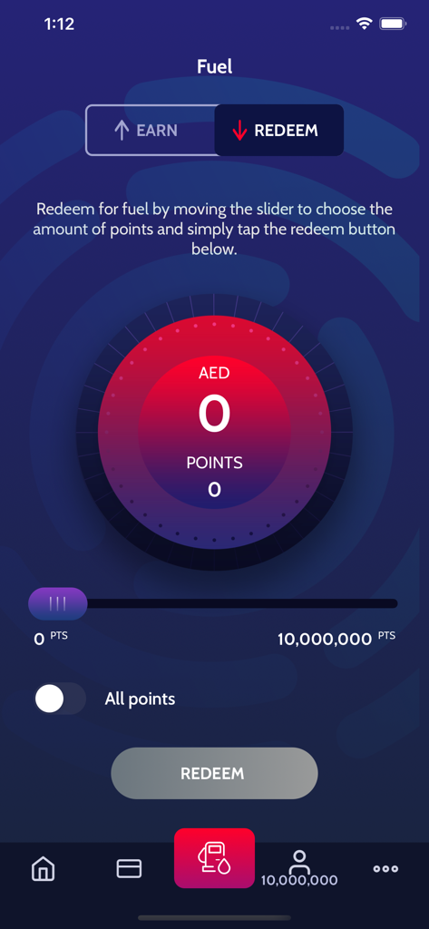 Yes Rewards by ENOC - ポイントスライダーと交換ボタンが表示された燃料ポイント交換画面を示すYes Rewardsアプリのインターフェイス。