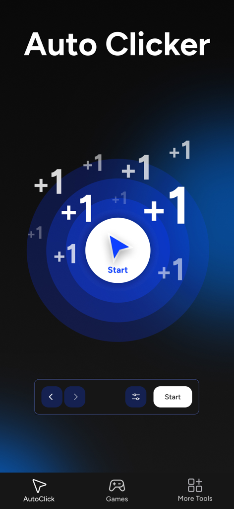 Auto Tapper Assistant App - Oberfläche der Auto Tapper Assistant App, die eine Starttaste mit Multi-Cursor-Visuelleffekten zeigt