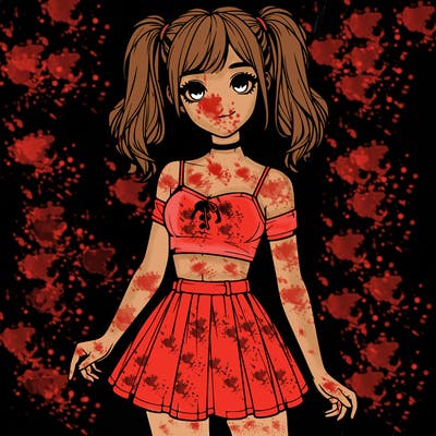 realistic girl in a skirt crop top and pigtails