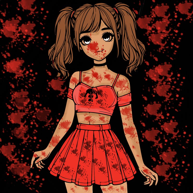 realistic girl in a skirt crop top and pigtails