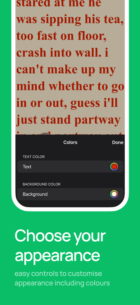 Prompt Pro: Easy Teleprompter - Interface para escolher cores de texto e plano de fundo no aplicativo teleprompter Prompt Pro.