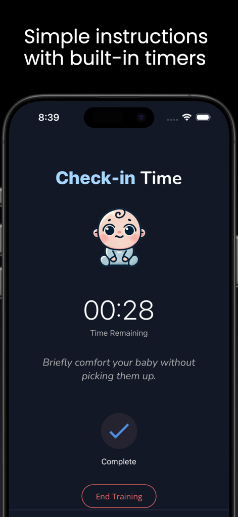 Oona: Baby Sleep Trainer - Oona app interface showing a countdown timer for baby sleep training check-ins with comforting instructions