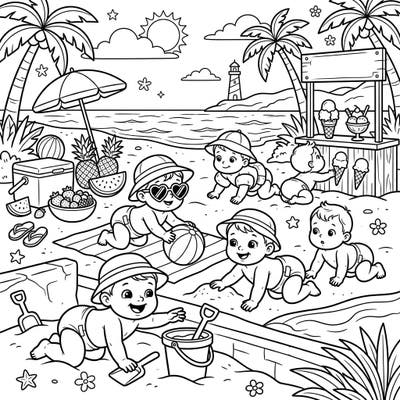 Dive into the cutest summer scene with this delightful coloring page featuring playful crawling babies on a sunny beach. From building sandcastles to enjoying icy treats, this illustration captures all the joy of a perfect summer vacation.