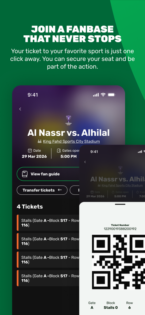Ahlan | أهلاً - Interface de l'application Ahlan montrant des billets de football et un pass numérique QR code