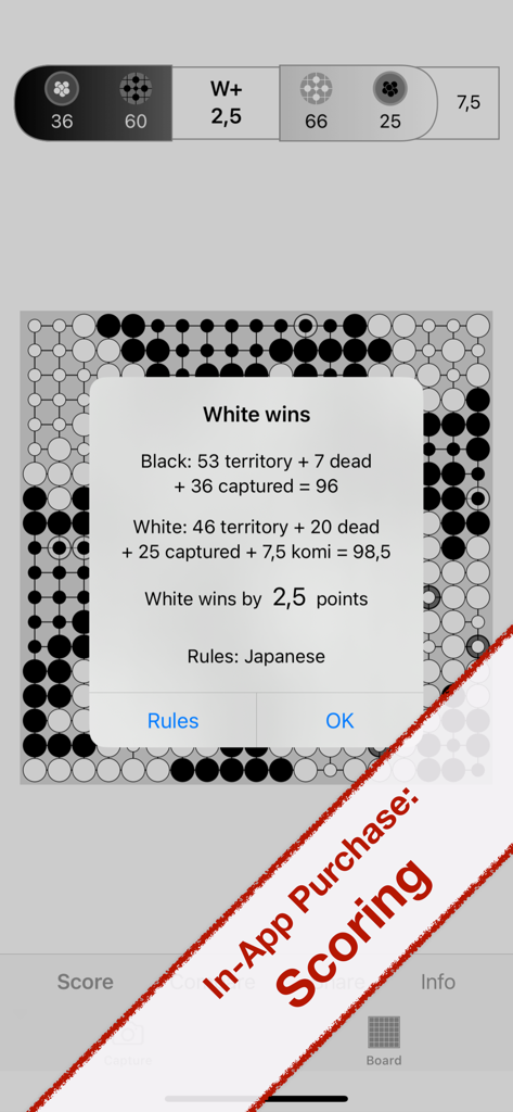 Baduk Cap - Baduk Cap app interface showing game scoring results and winner announcement for a Go match
