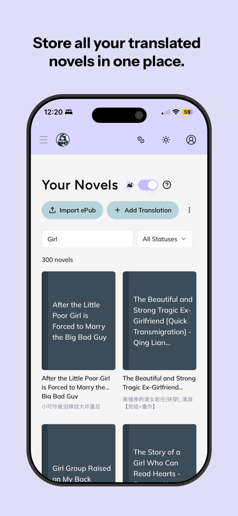 Vista della libreria dell'app OpenNovel che mostra le web novel tradotte salvate e le opzioni di importazione.