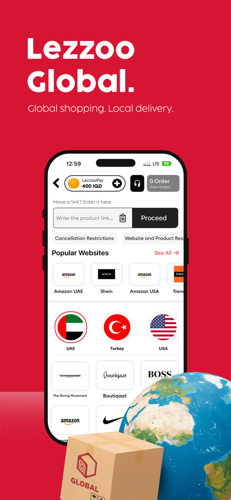 Lezzoo:Food & Grocery Delivery - Lezzoo app interface showing global shopping options and international brand icons for local delivery.