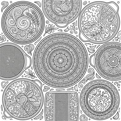 Discover a unique artistic challenge with this intricate coloring page featuring specialized pizza pans and ceramic stones. Designed for adults, it offers a detailed journey into culinary art, perfect for relaxation and creative expression.