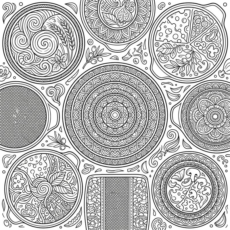 Discover a unique artistic challenge with this intricate coloring page featuring specialized pizza pans and ceramic stones. Designed for adults, it offers a detailed journey into culinary art, perfect for relaxation and creative expression.