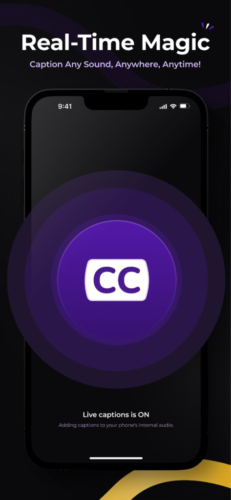 Live Caption & Translation - Pantalla del iPhone mostrando la función de subtítulos en vivo activada con un icono de subtítulos cerrados