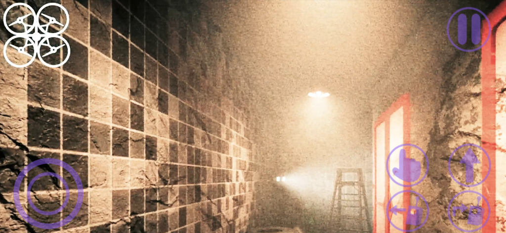 A first person view of a dark foggy hallway with mobile controls in Garten of Banban 7.
