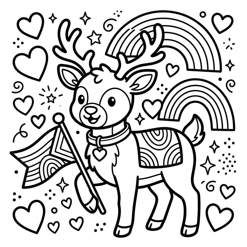 Bring joy to your little ones with this delightful Reindeer Pride Month coloring page, specially designed for toddlers. Its thick outlines and large, cheerful elements make it perfect for developing motor skills and celebrating love.
