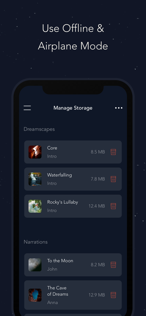 Interfaccia dell'app Pzizz che mostra la gestione dello spazio di archiviazione per tracce audio e narrazioni per il sonno offline.