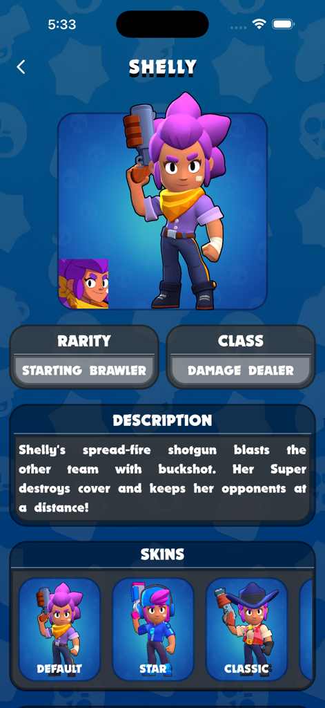 Brawl stats & chest for BS - Screenshot der Mobile-App, der das Charakterprofil von Shelly zeigt, einschließlich ihrer Seltenheit, Klasse, Beschreibung und verfügbaren Skins