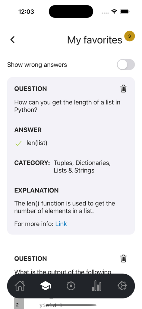 Pantalla de la aplicación móvil que muestra una pregunta favorita guardada sobre la longitud de una lista de Python con su respuesta correcta y explicación.