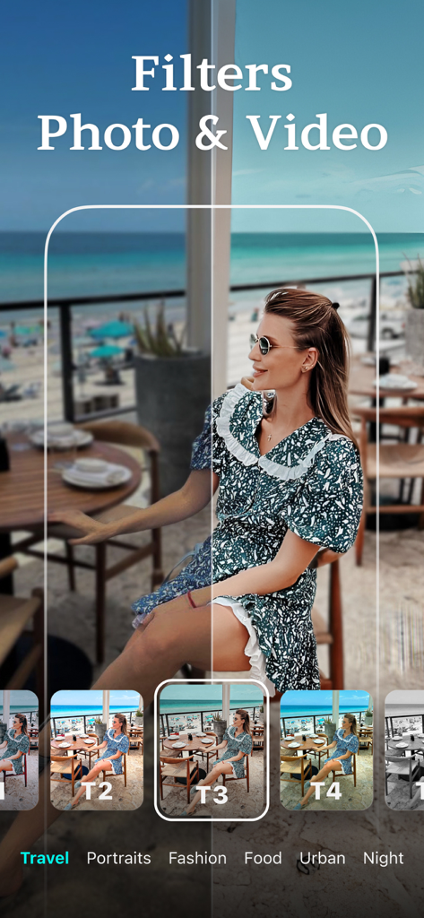 Vue avant et après d'un filtre photo appliqué à une femme assise dans un café en bord de mer