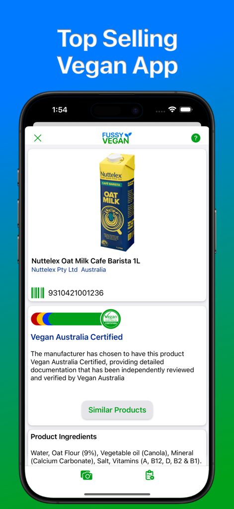 Fussy Vegan Pro App-Oberfläche, die ein verifiziertes veganes Hafermilchprodukt mit Zertifizierung und Zutaten zeigt