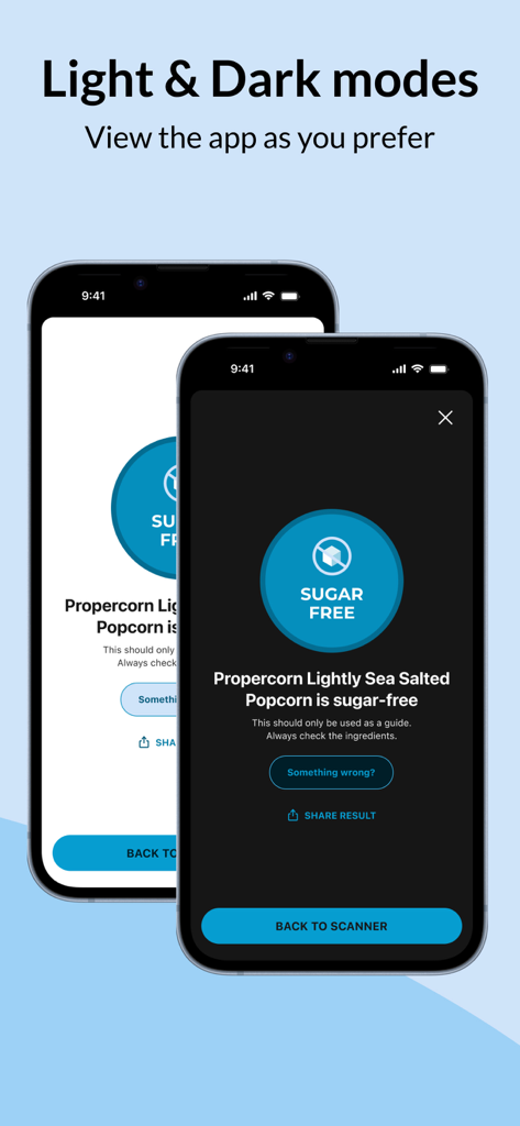 Sugar Free Scanner - Sugar Free Scanner app interface showcasing light and dark mode display options for scanned product results
