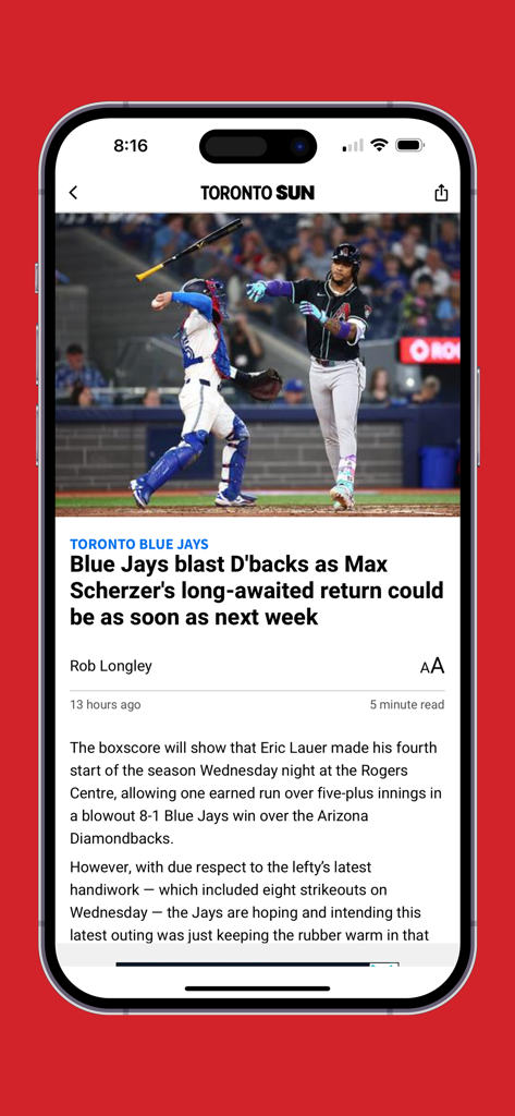 Toronto Sun - Toronto Sun app showing a sports article about a Blue Jays baseball game