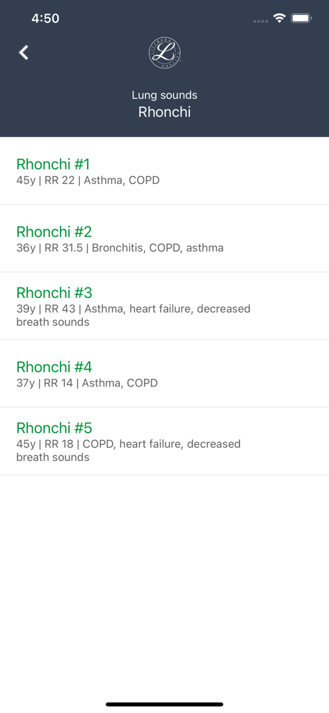Captura de pantalla de la aplicación Littmann University que muestra una lista de sonidos pulmonares Roncus para formación médica.