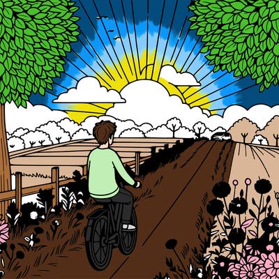 man riding bicycle on narrow path surrounded by green fields and flowers, warm sunlight