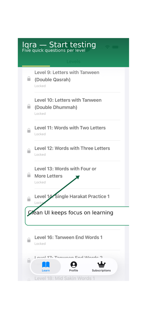 Learn Quran Reading by-Steps - A screenshot of the Iqra app displaying structured lessons for learning Arabic and Quran reading.
