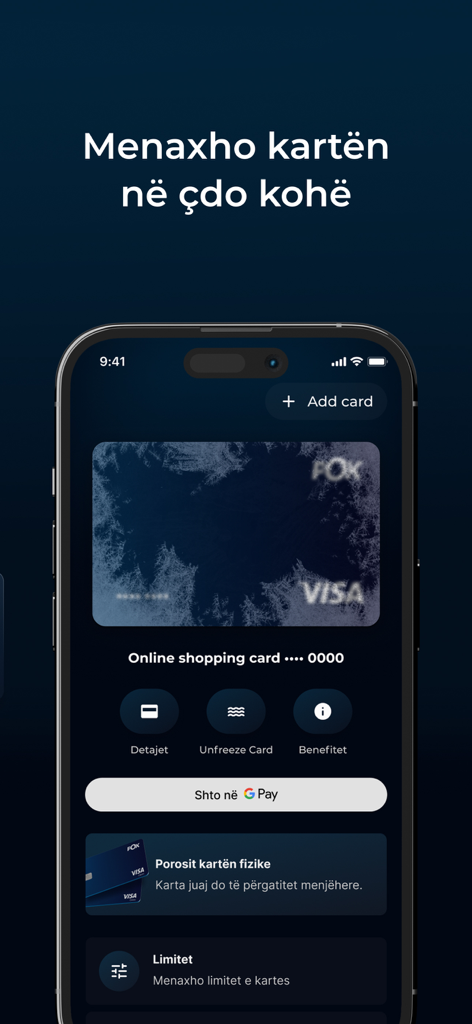 POK - POK app interface showing a frozen digital VISA card with options to unfreeze or add to Google Pay
