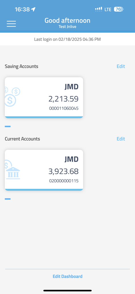 JN Bank LIVE Personal - Mobile app dashboard displaying JMD savings and current account balances for JN Bank.