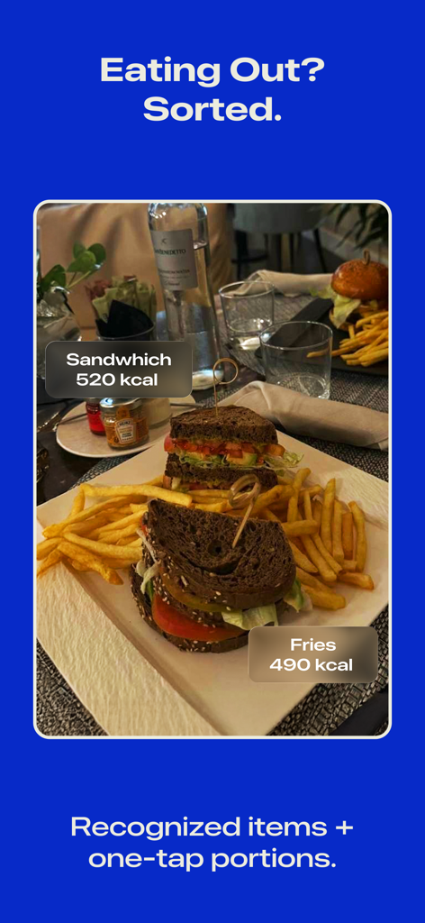 CalSnap app interface showing AI food recognition and calorie counts for a restaurant meal of a sandwich and fries.