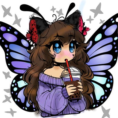 a realistic butterfly/furry girl drinking boba