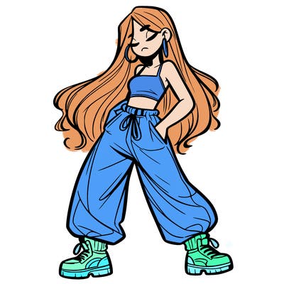 girl in baggy pants crop top and long hair