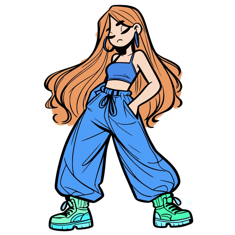 girl in baggy pants crop top and long hair