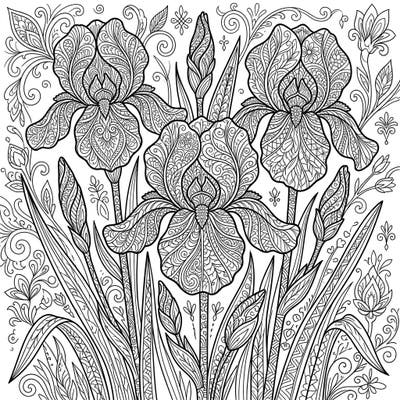 Unleash your creativity with this stunning coloring page featuring elegant Japanese Irises rendered in the intricate Zentangle style. Each petal and leaf offers a meditative canvas for detailed coloring, perfect for adults seeking relaxation.